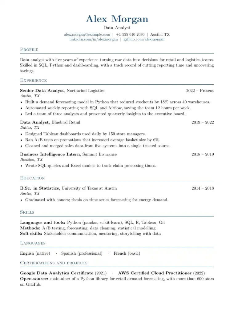 First page of the CV / résumé LaTeX template