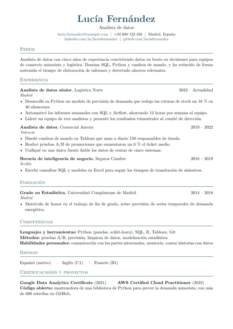 Primera página de la plantilla LaTeX Plantilla de CV