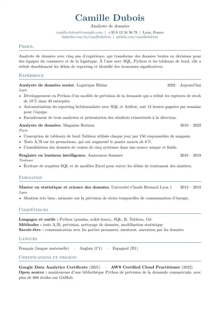 Première page du modèle LaTeX Modèle de CV
