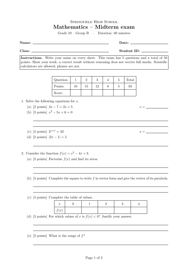 First page of the Exam template LaTeX template