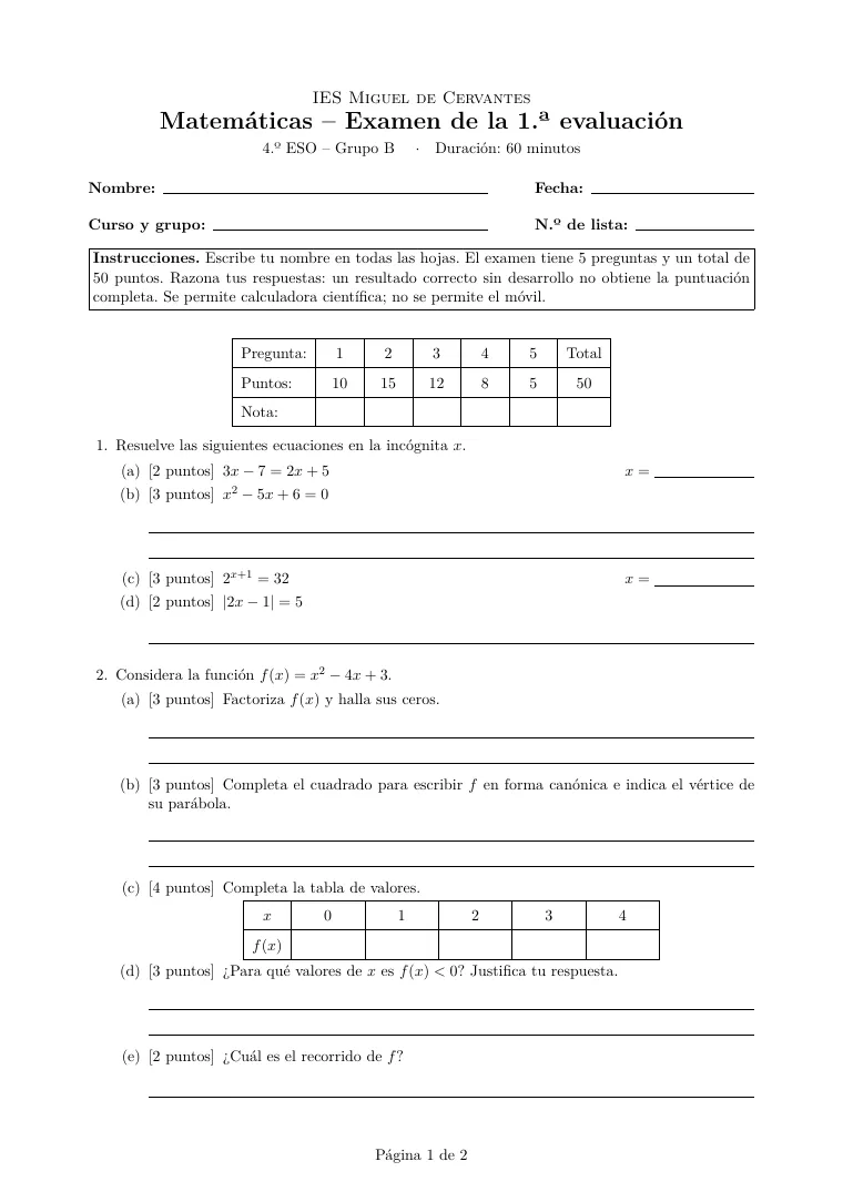 Primera página de la plantilla LaTeX Plantilla de examen