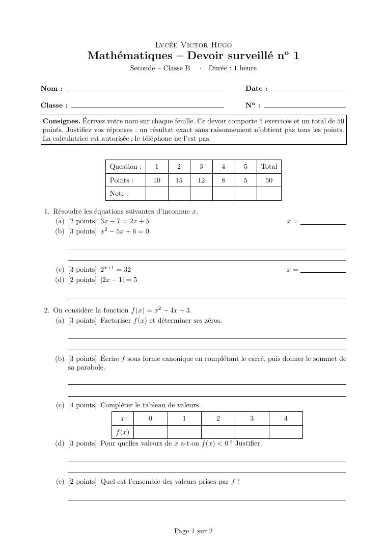 Première page du modèle LaTeX Modèle d’examen
