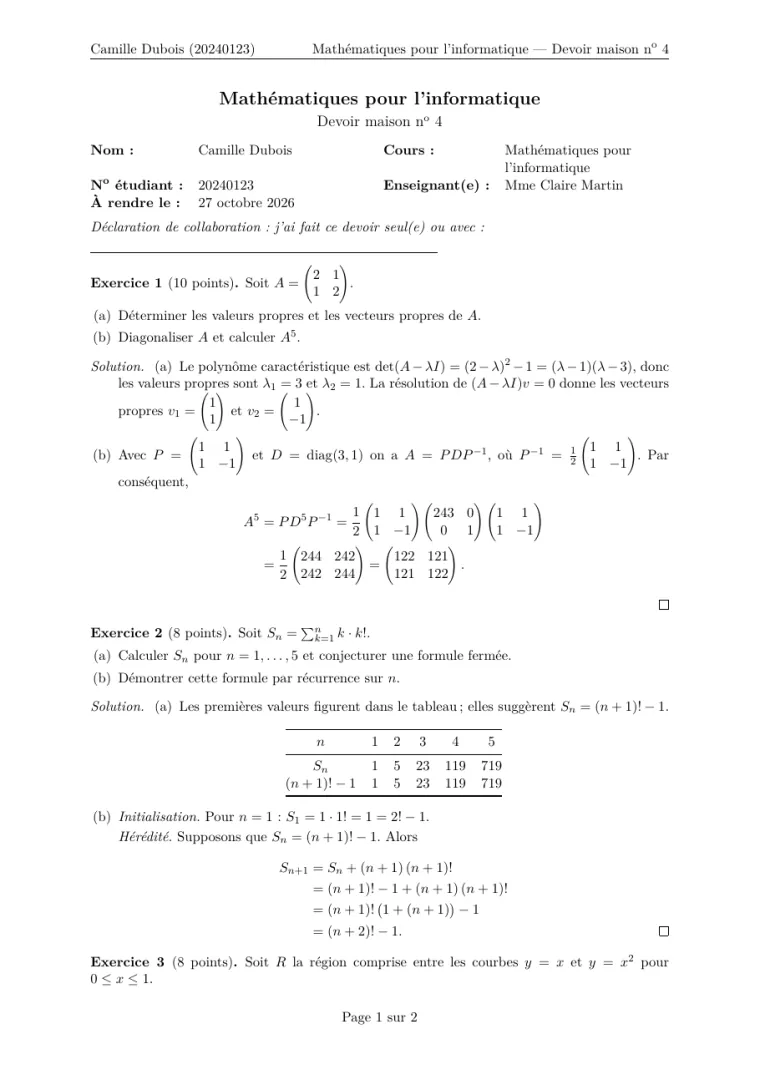 Première page du modèle LaTeX Devoir maison