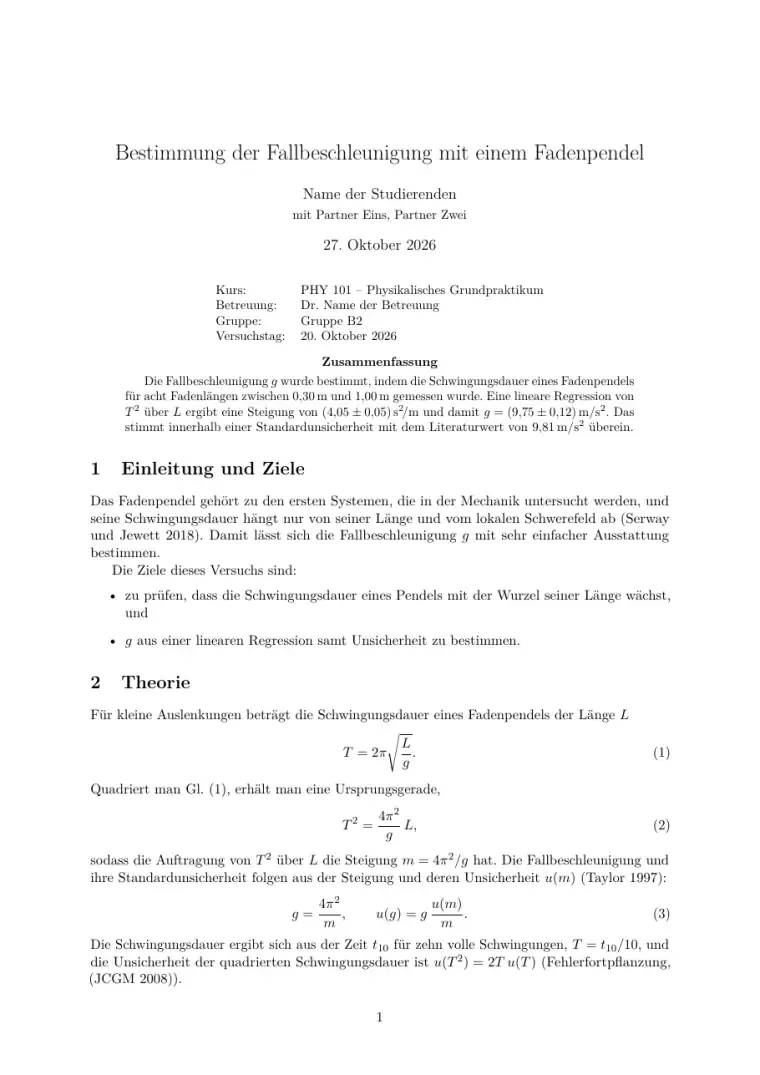 Erste Seite der LaTeX-Vorlage Laborbericht-Vorlage