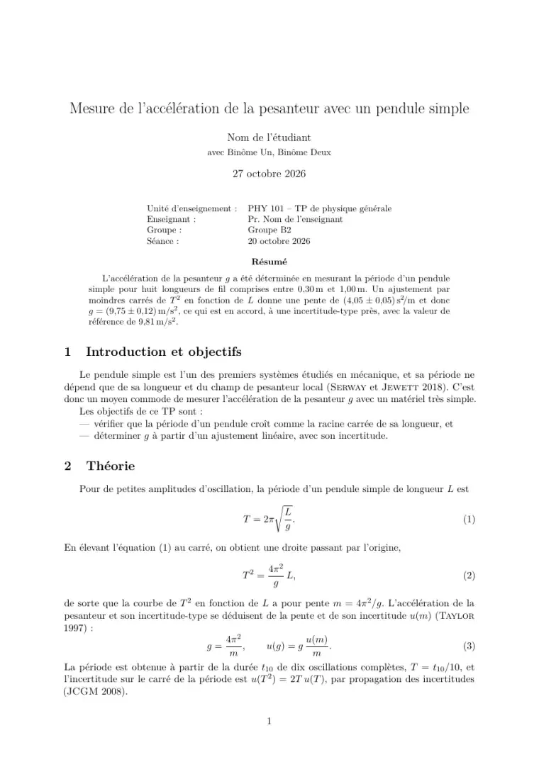 Première page du modèle LaTeX Modèle de compte rendu de TP