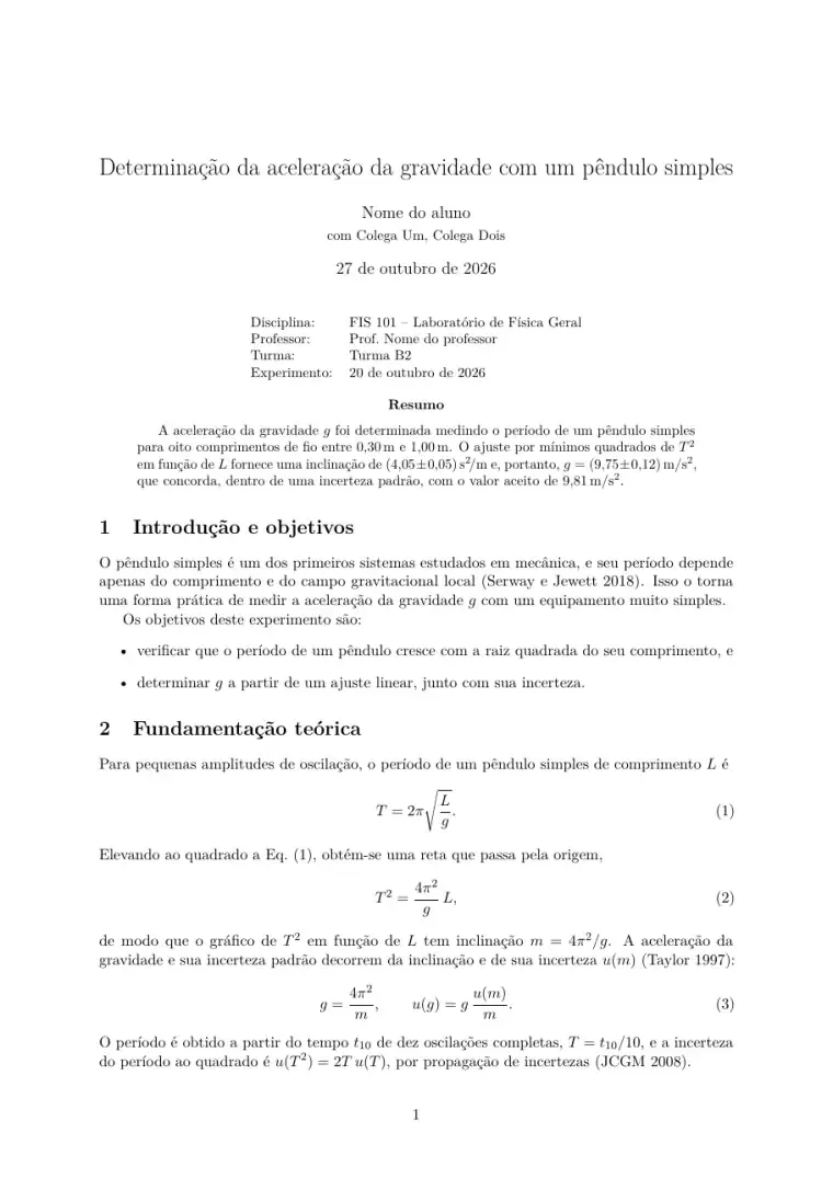 Primeira página do modelo LaTeX Relatório de laboratório