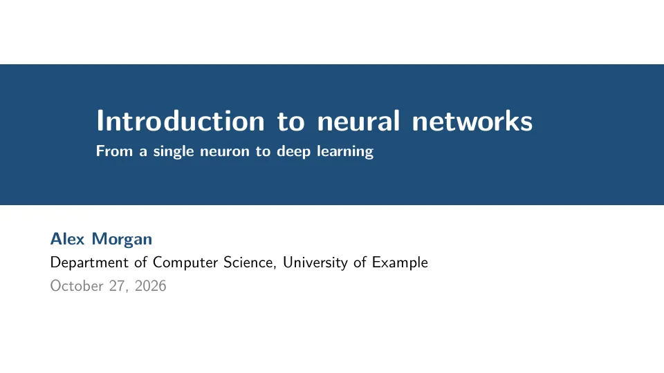 First page of the Beamer presentation LaTeX template
