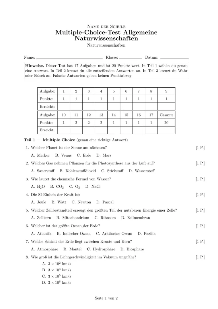 Erste Seite der LaTeX-Vorlage Multiple-Choice-Test Vorlage