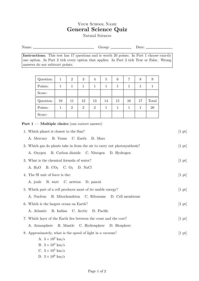 First page of the Multiple-choice test LaTeX template