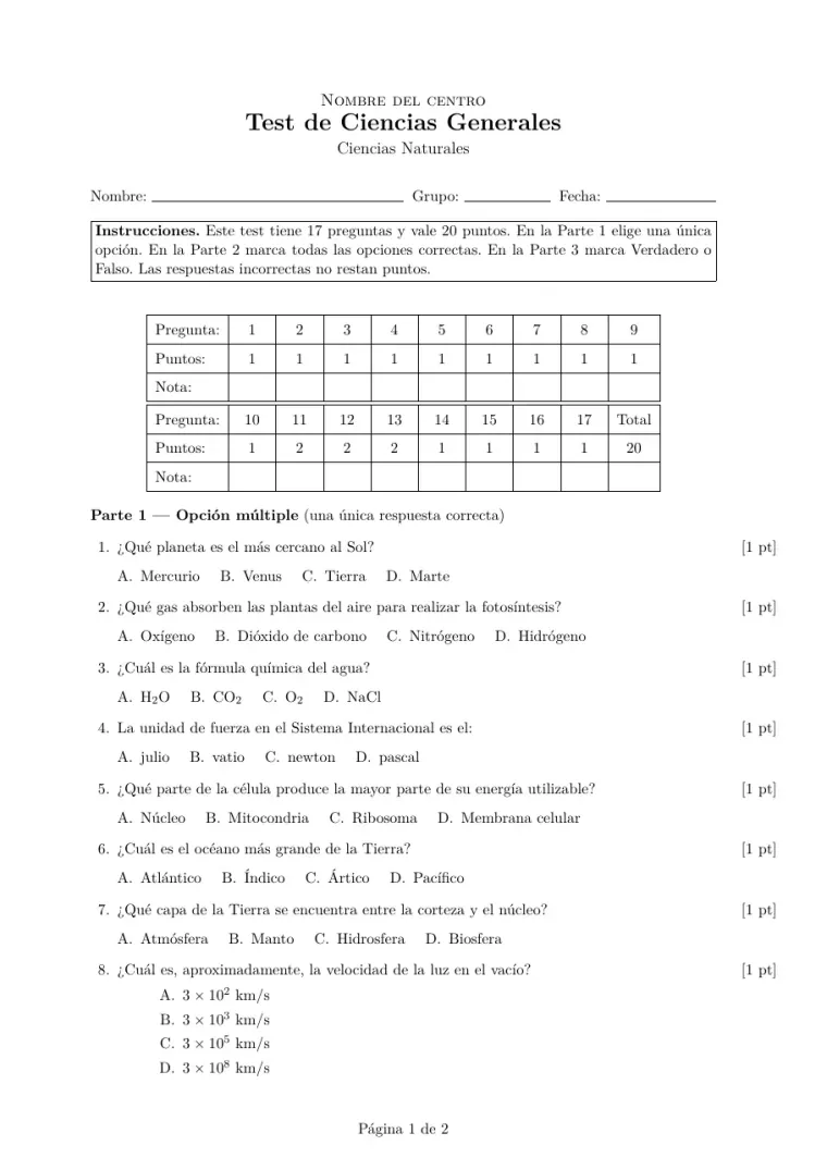 Primera página de la plantilla LaTeX Plantilla de test tipo test