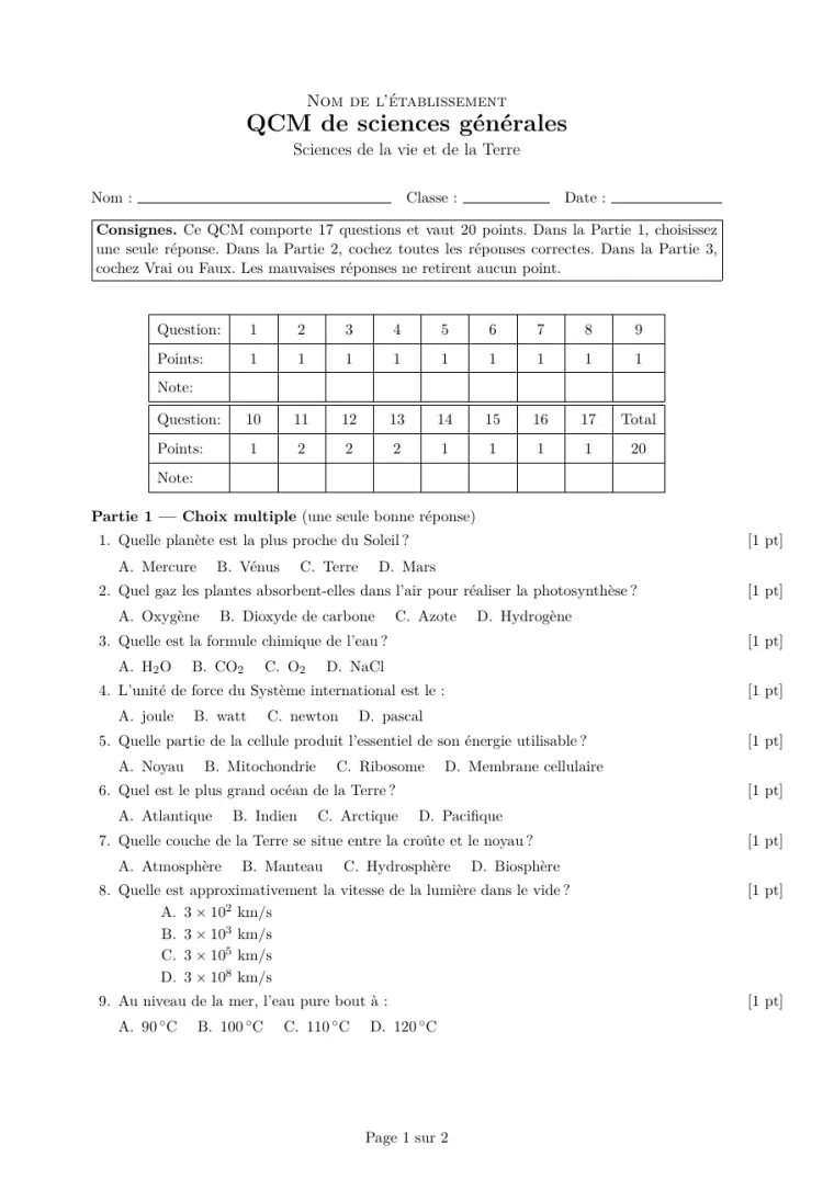 Première page du modèle LaTeX Modèle de QCM