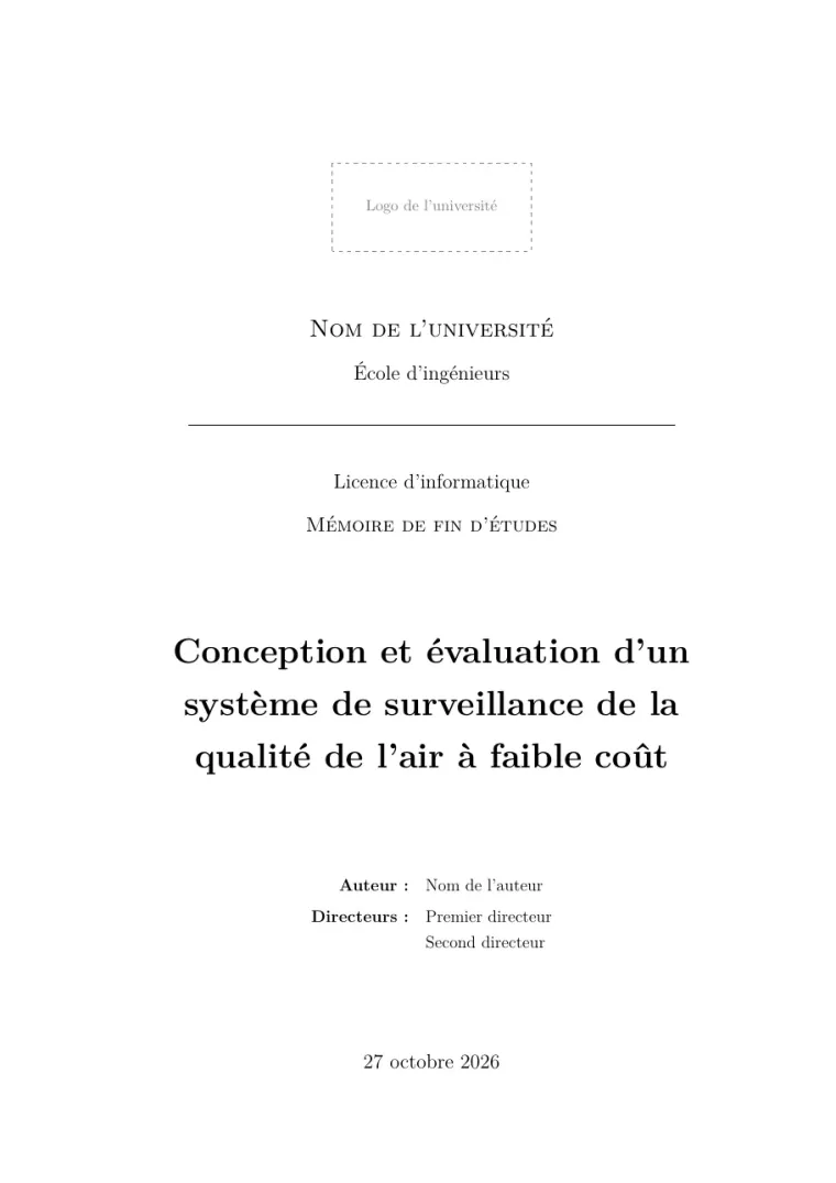 Première page du modèle LaTeX Mémoire de fin d’études