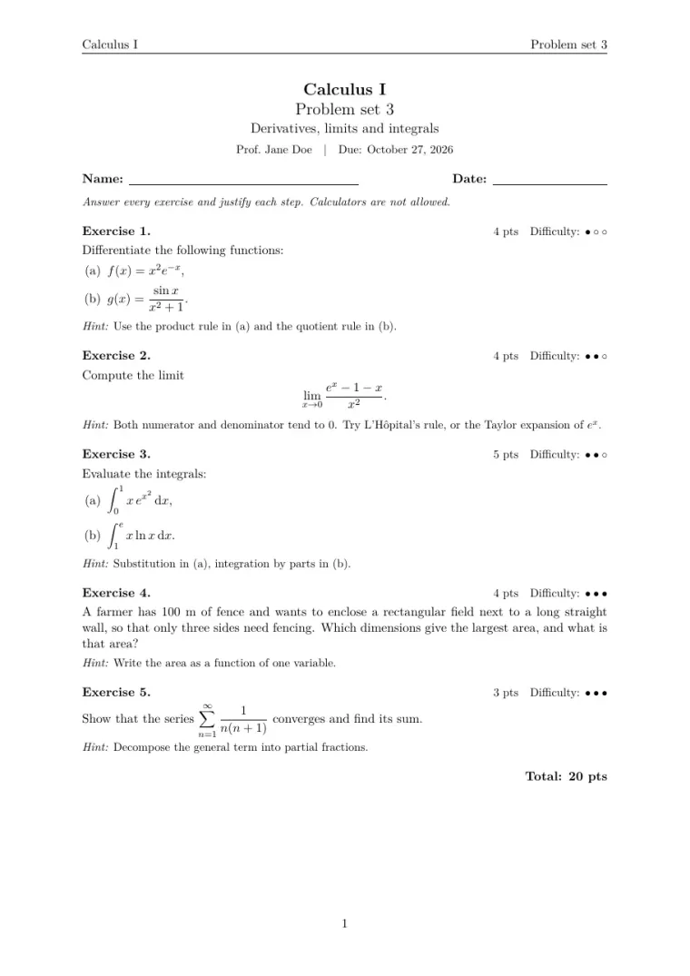 First page of the Worksheet LaTeX template