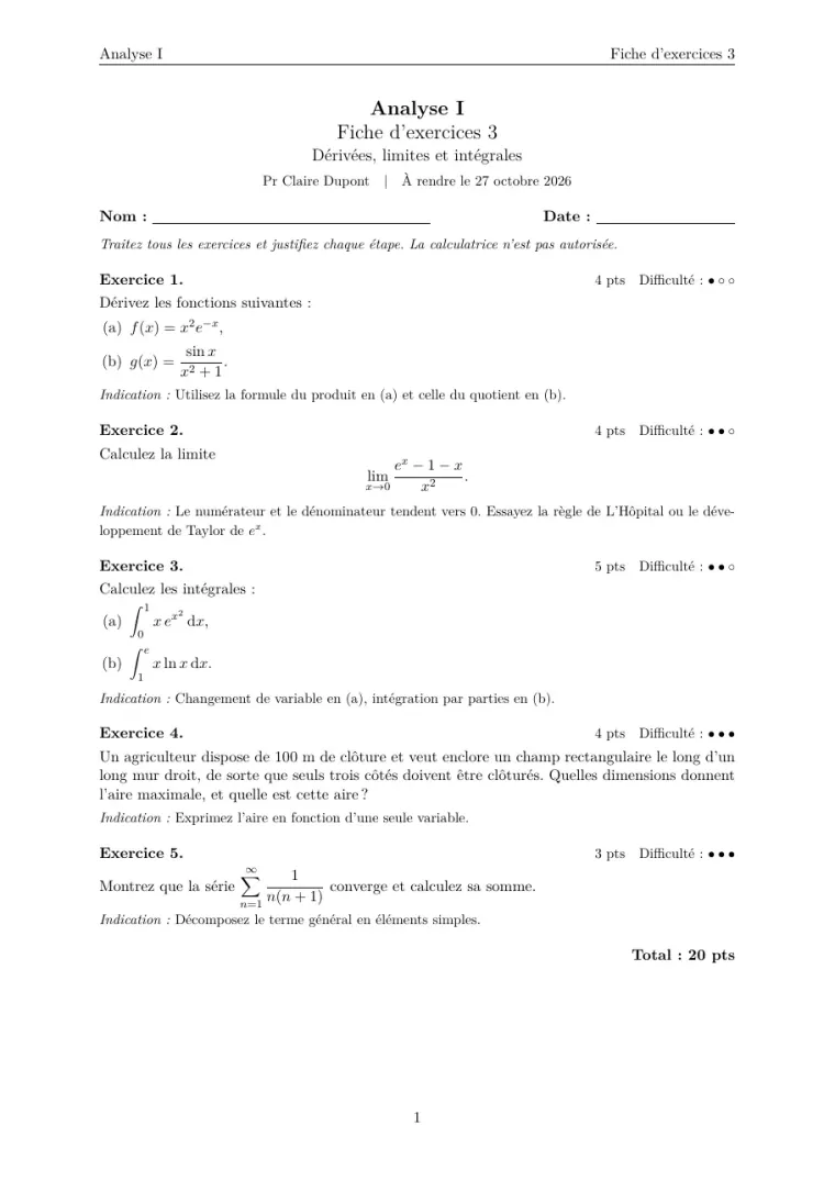 Première page du modèle LaTeX Fiche d’exercices